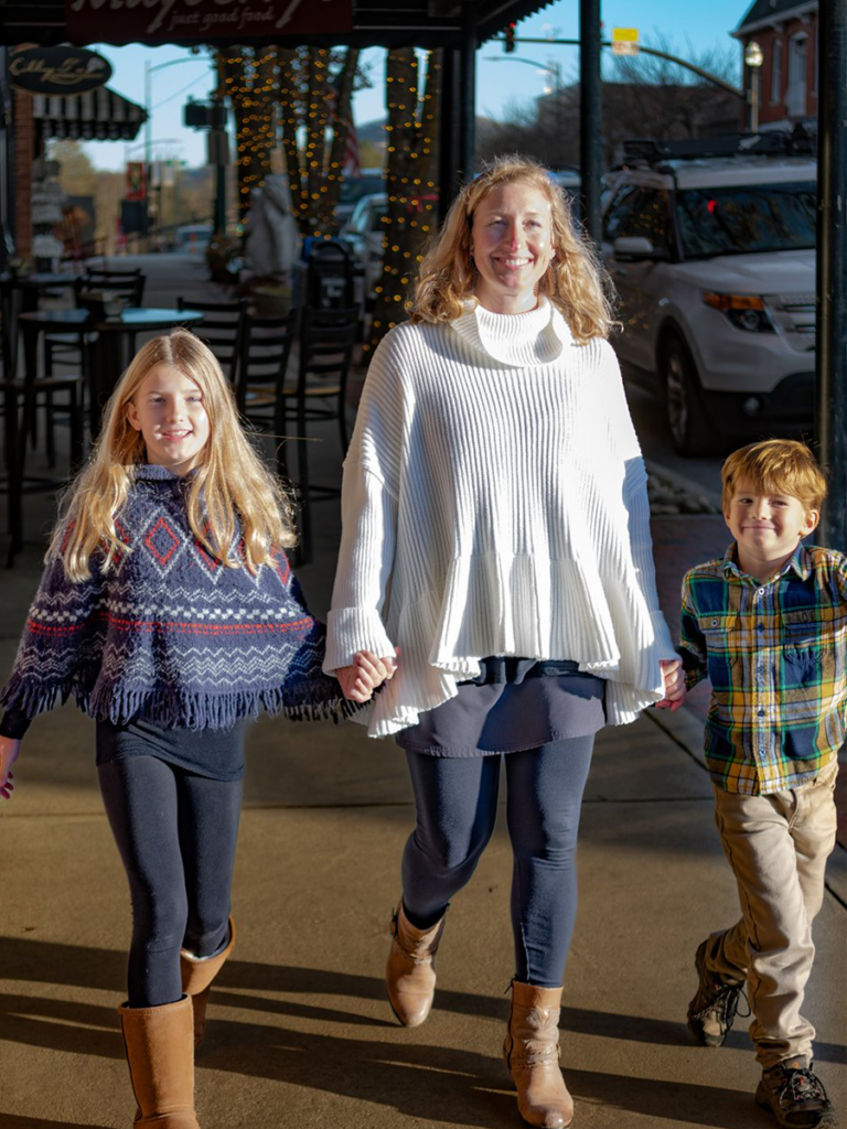 Katie with kids in downtown Brevard, North Carolina