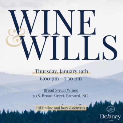 flyer for wine + wills event